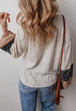 Load image into Gallery viewer, Floral Patchwork Textured Knit Drawstring V Neck Blouse
