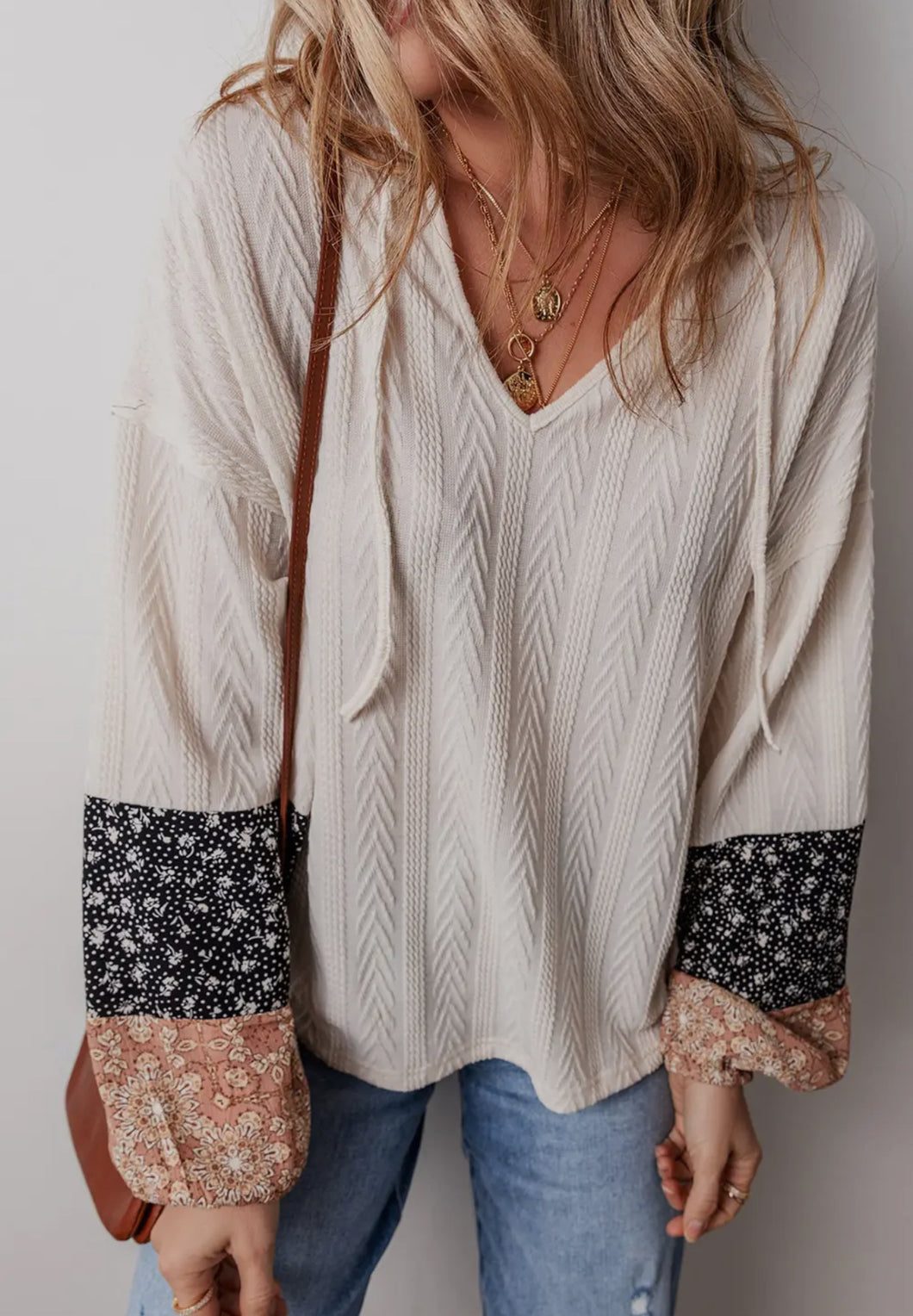 Floral Patchwork Textured Knit Drawstring V Neck Blouse