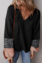 Load image into Gallery viewer, Floral Patchwork Textured Knit Drawstring V Neck Blouse
