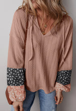 Load image into Gallery viewer, Floral Patchwork Textured Knit Drawstring V Neck Blouse
